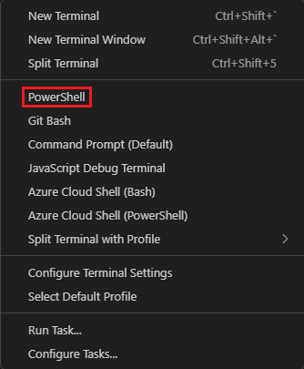 Visual Studio Code 终端窗口的屏幕截图，其中显示了选择 shell 下拉列表。