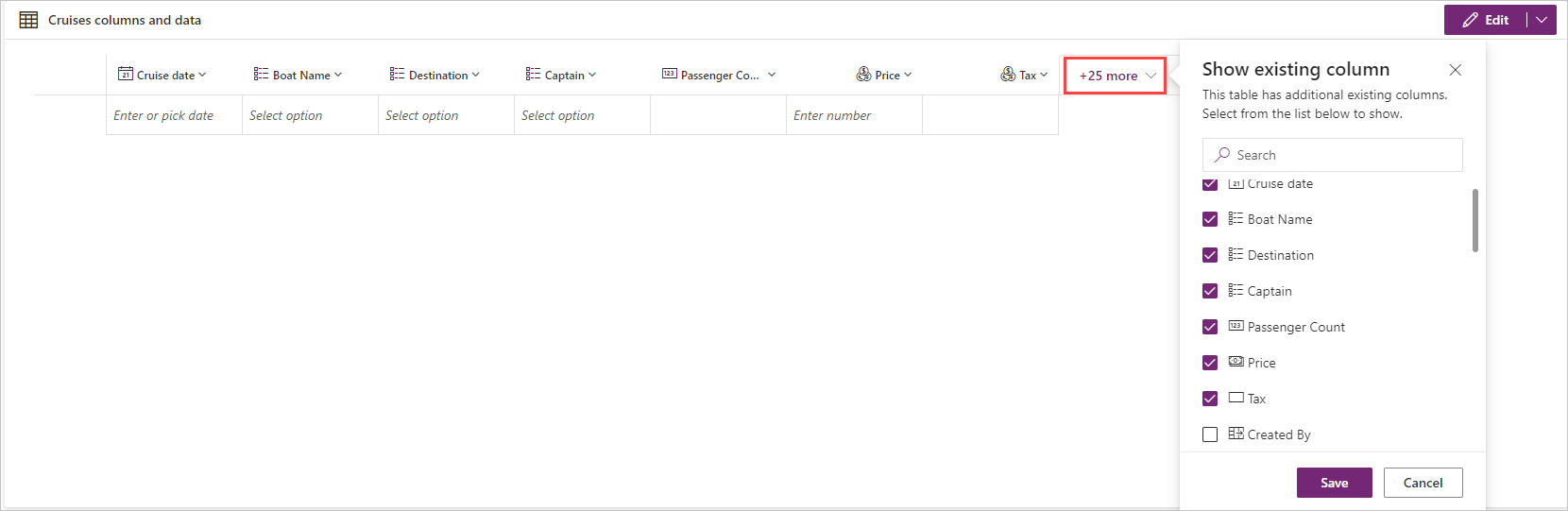“列和数据”窗格屏幕截图,突出显示“+(数字)更多”按钮,以及显示所有列的列表的“显示现有列”弹出窗口。