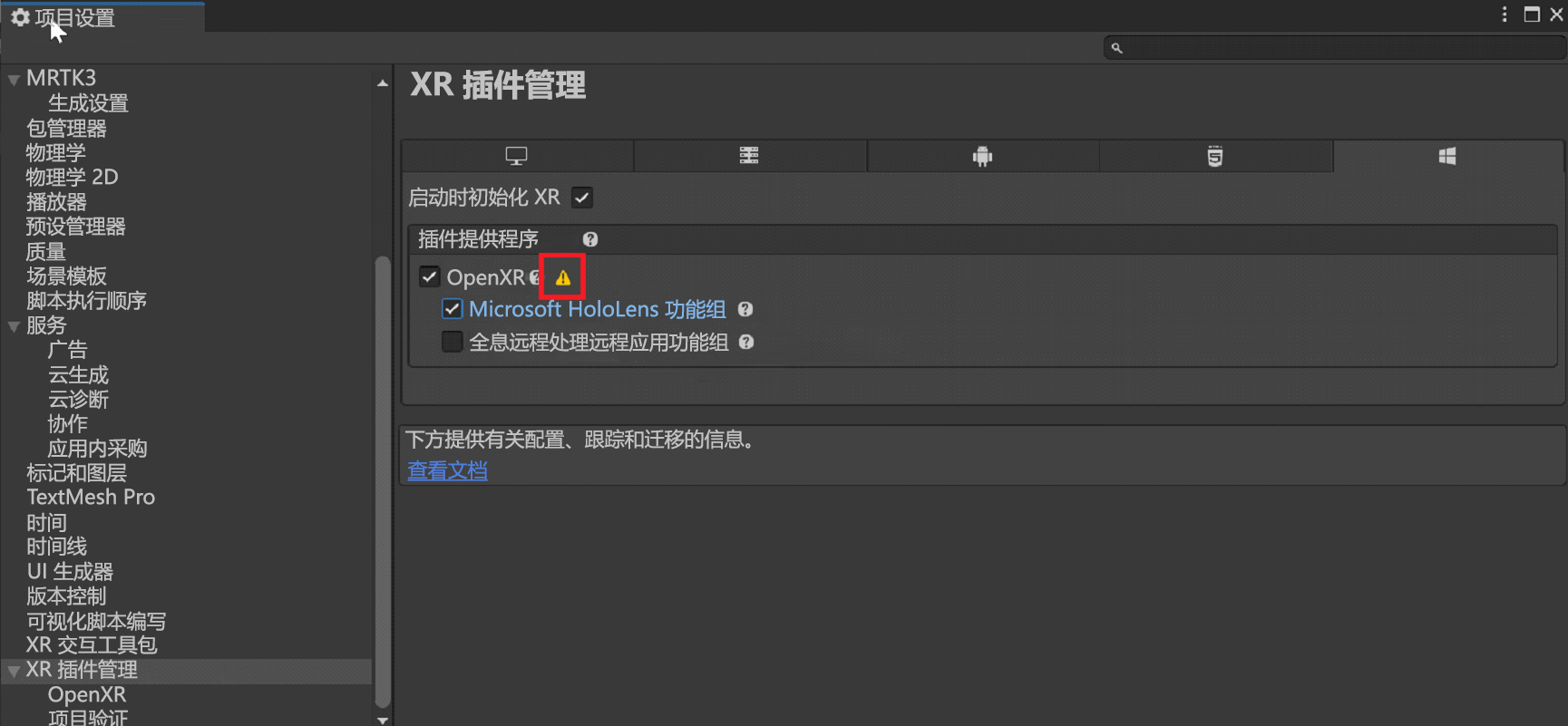 屏幕截图显示“Open XR”选项。