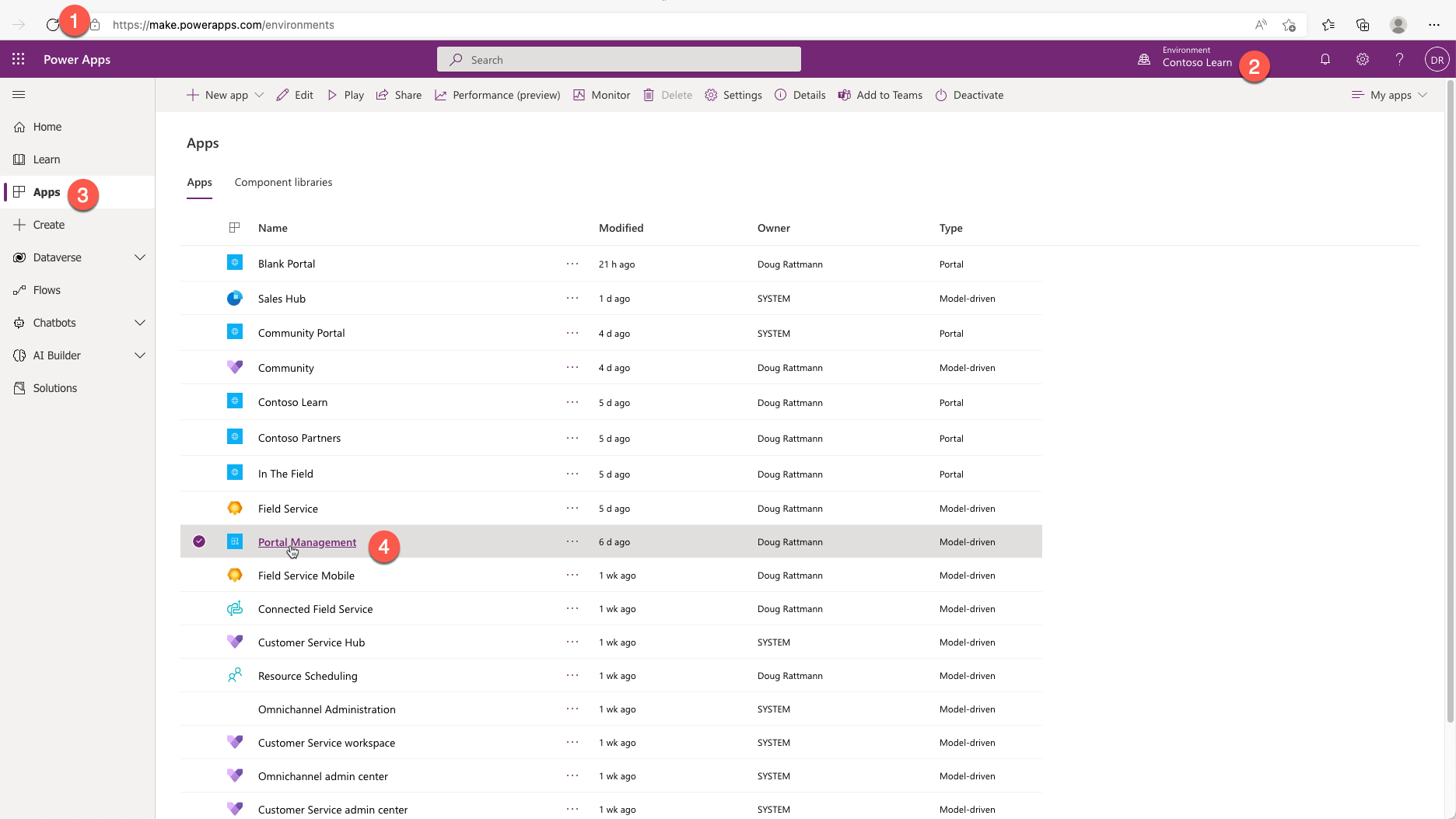 打开“门户管理”应用的步骤的屏幕截图。