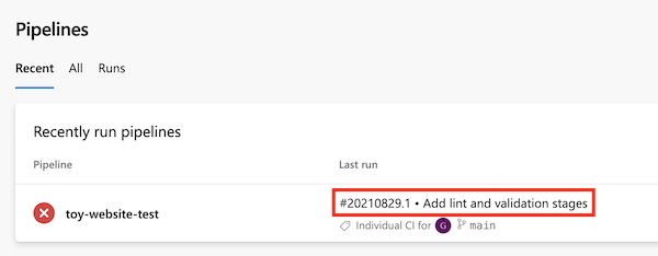 Azure DevOps 的屏幕截图。突出显示了指向最新管道运行的链接。