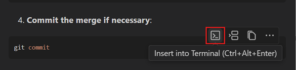 Copilot Chat 代码块的屏幕截图,其中“插入到终端”选项可见。