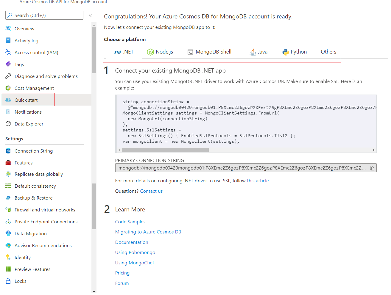 显示 Azure Cosmos DB for MongoDB .NET 连接字符串的屏幕截图。