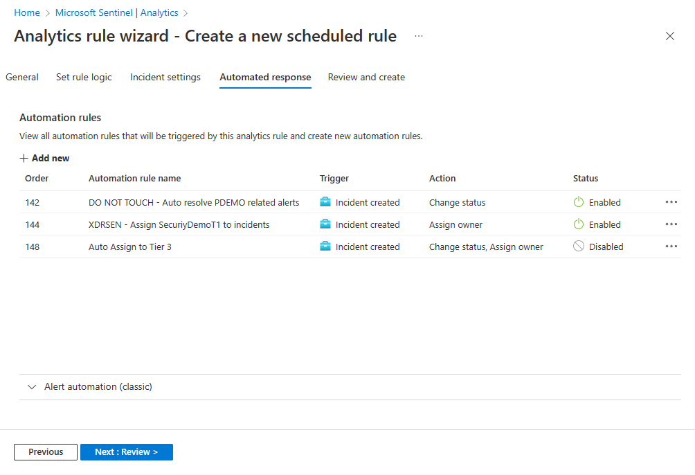 该屏幕截图显示了有关如何配置自动化响应的示例。
