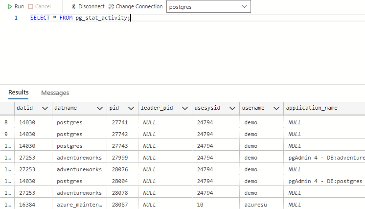 pg_stat_activity查询的屏幕截图。