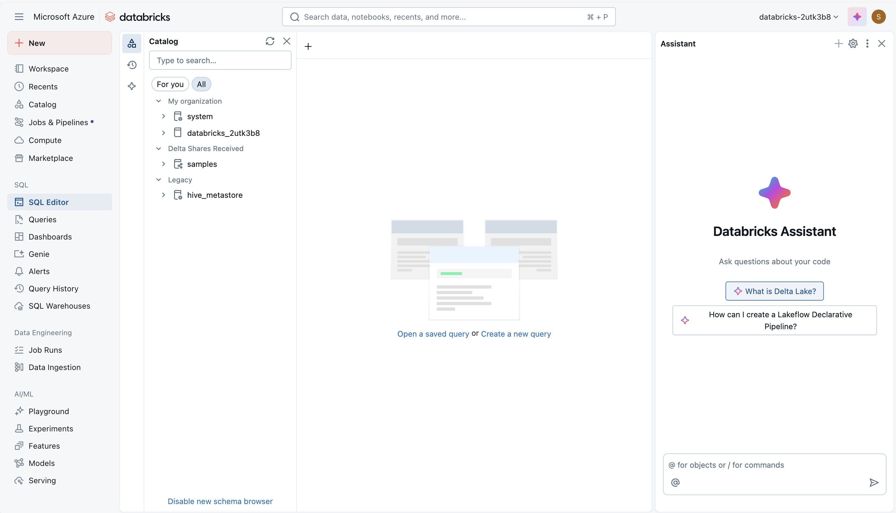 Azure Databricks 助手的屏幕截图。