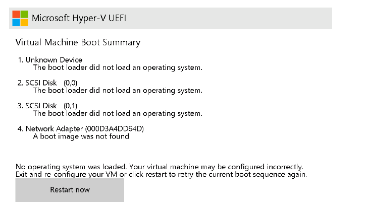缺少 UEFI 启动映像的 Hyper-V 错误消息的屏幕截图。