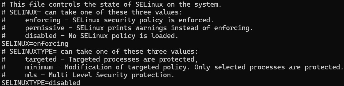 显示 SELINUXTYPE 密钥未正确设置为禁用的屏幕截图。