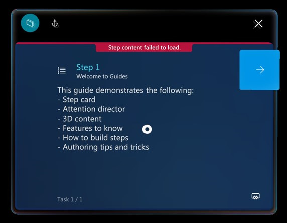 显示有关步骤内容未能加载的错误消息的屏幕截图。