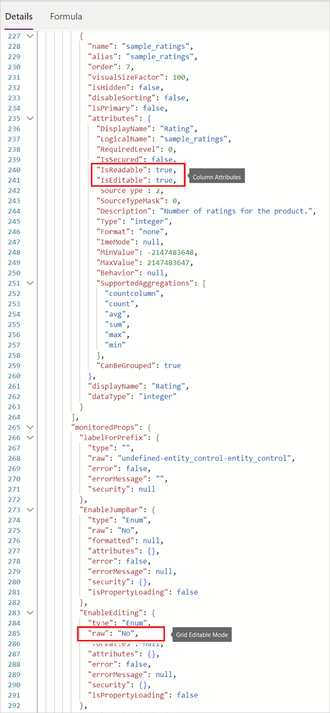 Power Apps Monitor 工具中网格和列参数的屏幕截图。