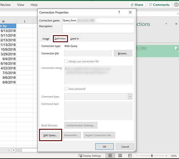 显示连接属性窗口中的“编辑查询”按钮的屏幕截图。