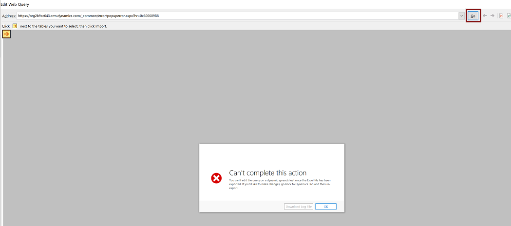 显示“编辑 Web 查询”窗口中的“转到”按钮的屏幕截图。