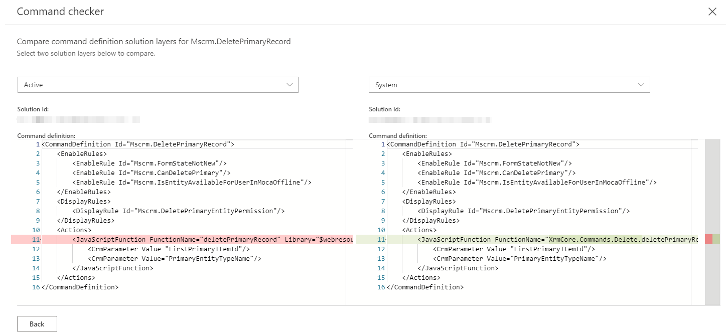 屏幕截图显示了当前活动定义和上一个非活动定义的比较。