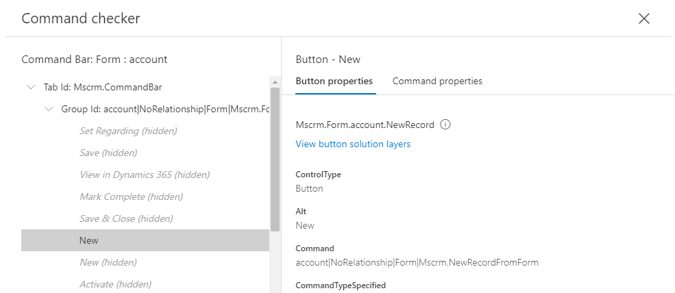 屏幕截图显示帐户实体窗体页上的“新建”按钮。
