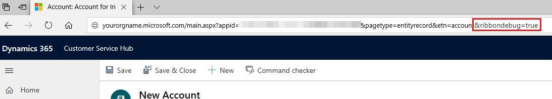 屏幕截图显示参数追加到 Dynamics 365 应用程序 URL。