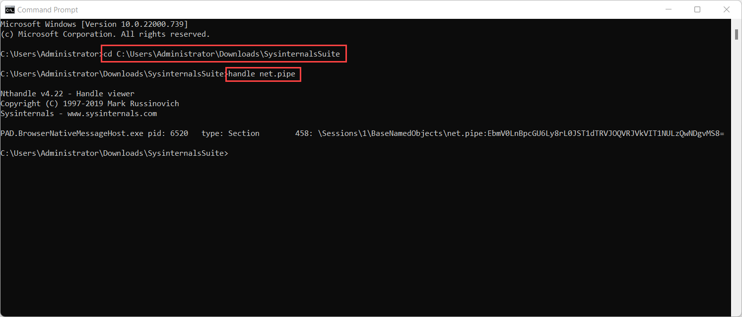 handle net.pipe 命令的结果的屏幕截图。