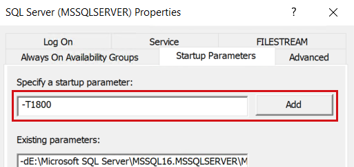 在 SQL Server 属性中将跟踪标志添加为启动参数的屏幕截图。