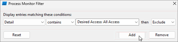 “进程监视器筛选器”窗口的屏幕截图，其中显示了 Desired Access All Access 筛选器。