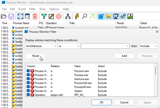 “进程监视器筛选器”窗口的屏幕截图，其中显示了“重置”按钮。