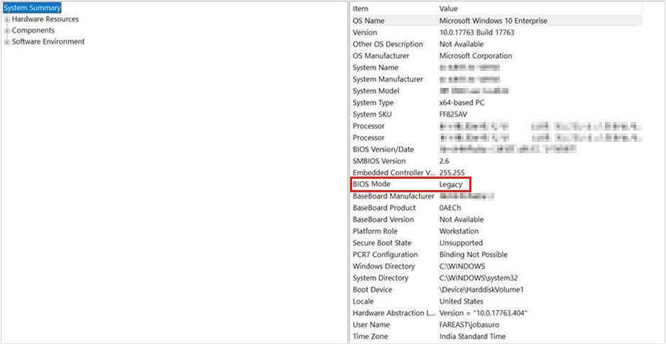系统信息应用的屏幕截图,其中显示了 BIOS 模式设置。
