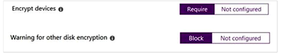 Intune 策略设置的屏幕截图,其中显示了需要加密设备。