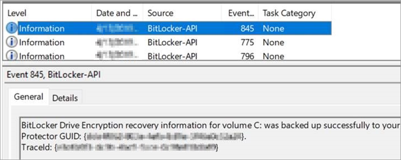 事件 ID 845 的屏幕截图,其中包含详细信息。