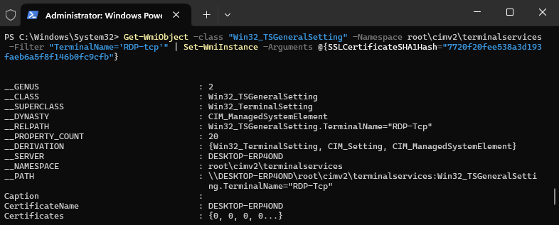 运行 PowerShell 命令以及步骤 2 中获取的指纹值的成功示例。
