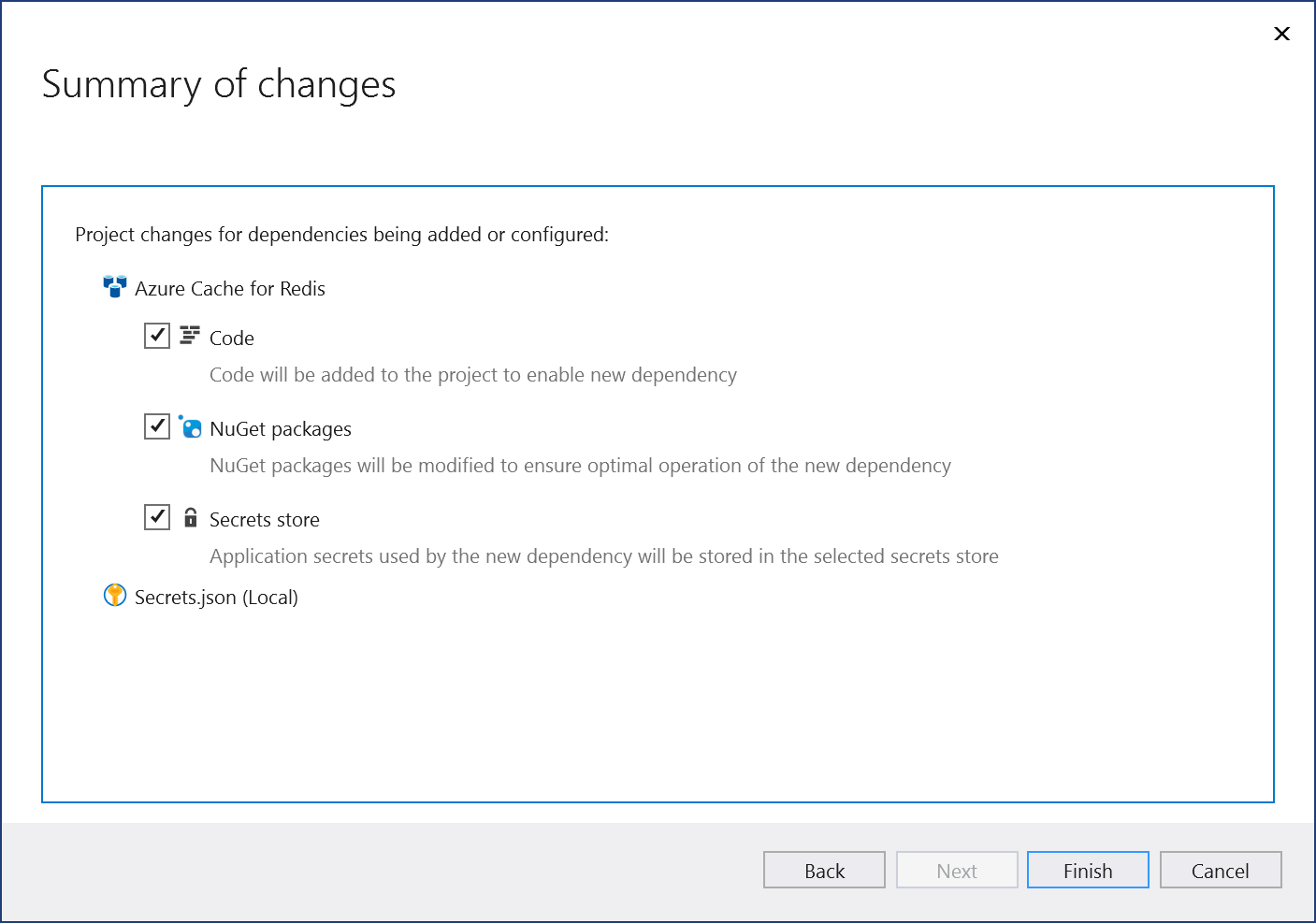 “更改摘要”页的屏幕截图。突出显示“完成”。