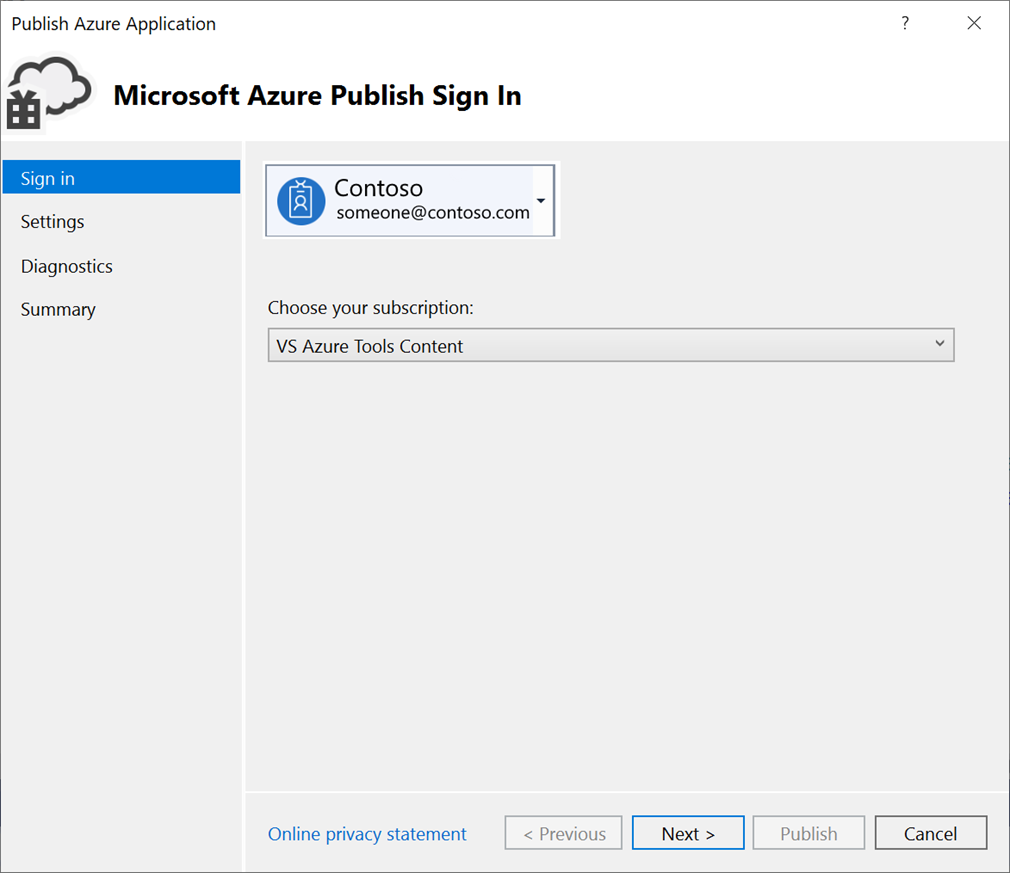 屏幕截图，其中显示了“发布 Azure 应用程序”向导中的“Microsoft Azure 发布登录”窗格。