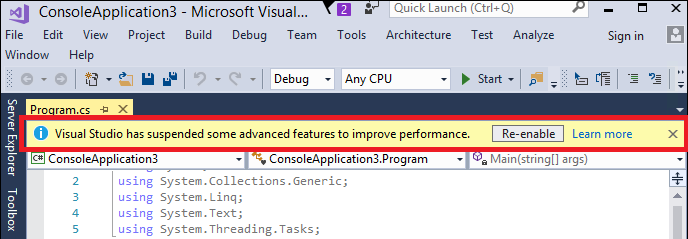 显示 Visual Studio 最小化分析范围的警报警告的屏幕截图。