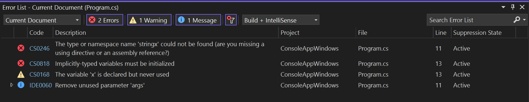 显示错误列表窗口中分析器冲突的屏幕截图。