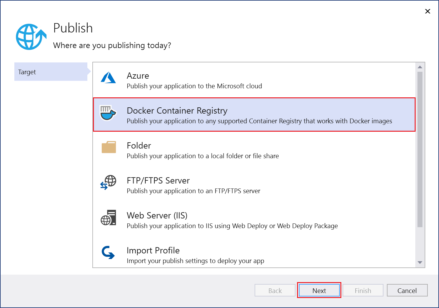 显示“发布”对话框以及如何选择 Docker 容器注册表的屏幕截图。