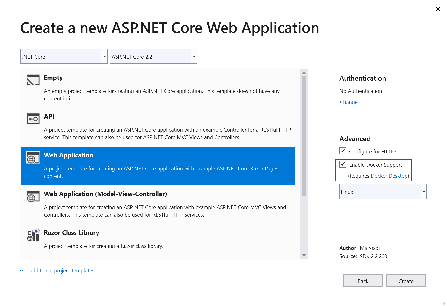 显示如何在 Visual Studio 中为新的 ASP.NET Core Web 应用启用 Docker 支持的屏幕截图。