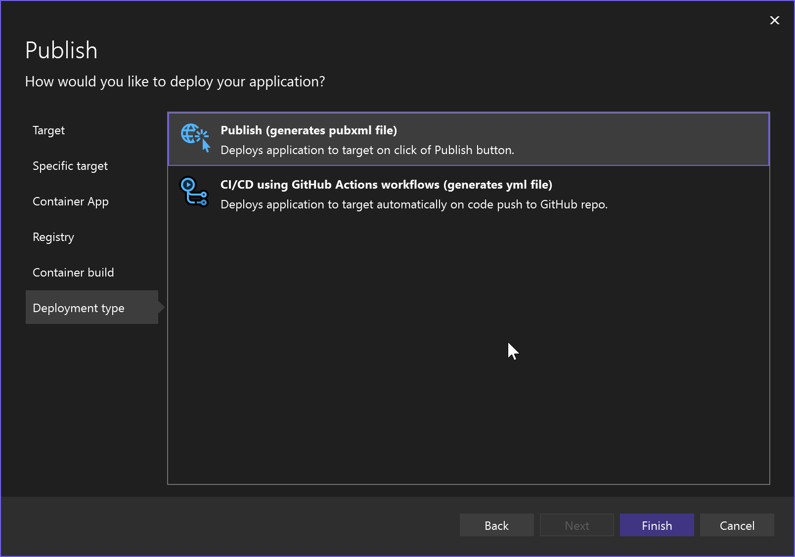 显示选择部署类型的屏幕截图，其中选择了发布到 pubxml 文件的选项。
