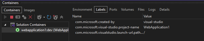 Visual Studio 中“容器”窗口的屏幕截图，其中显示了“标签”选项卡。