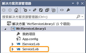 该屏幕截图显示了 Solution Explorer 中的 Service1 文件。