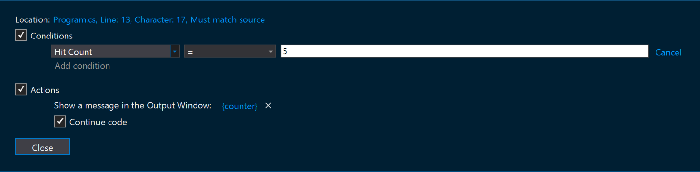 显示条件表达式命中计数的屏幕截图。