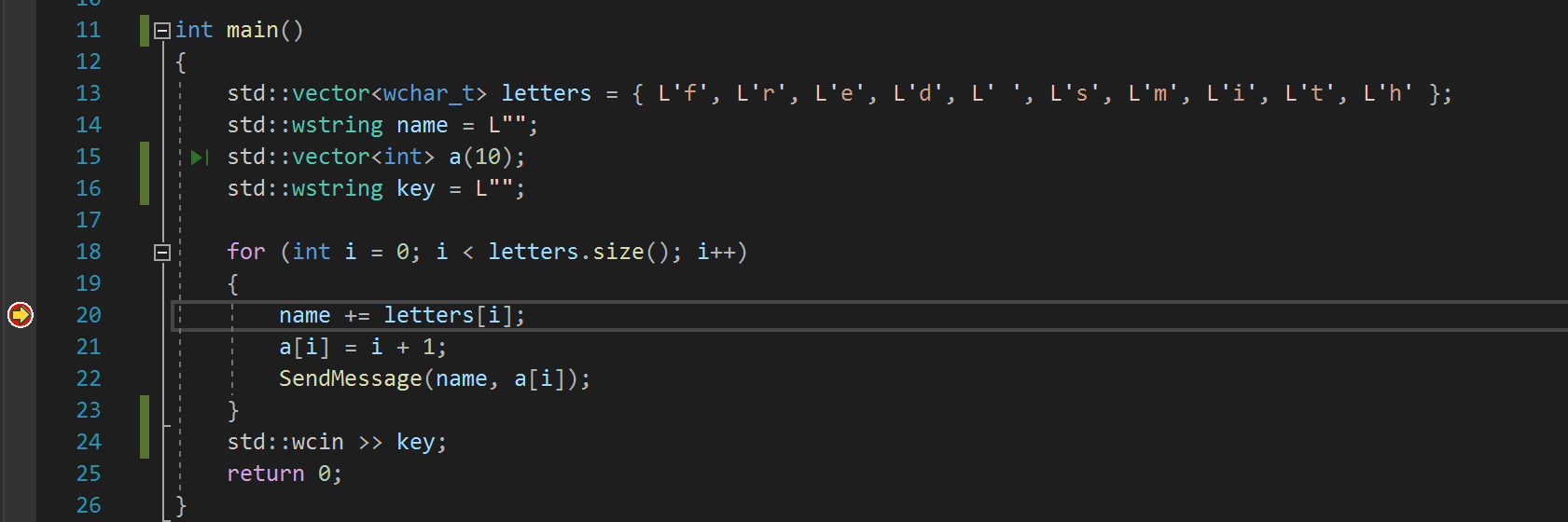 显示调试器在 Visual Studio 中设置的断点处暂停的屏幕截图。