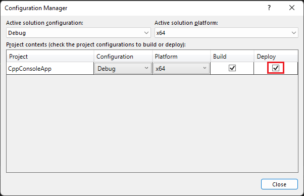 Visual Studio 解决方案资源管理器中的 Configuration Manager 的屏幕截图。其中选中了“调试配置”和“部署”。