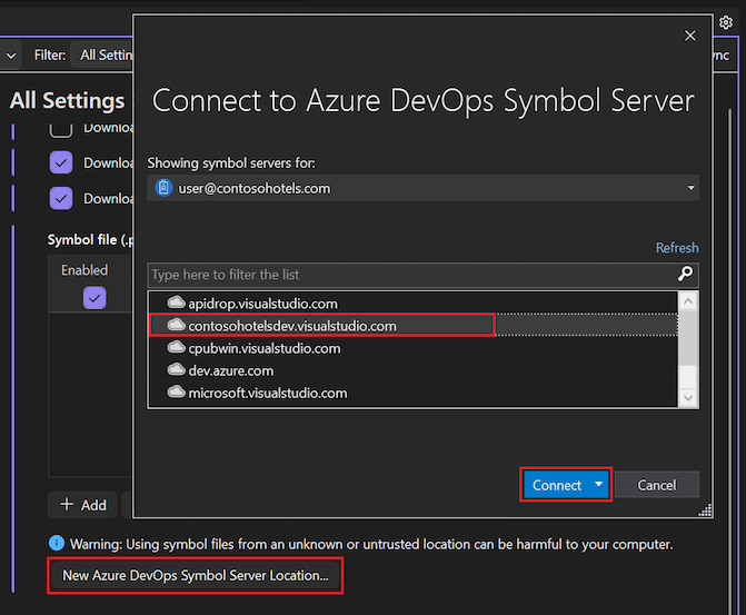 显示如何在 Visual Studio 中添加新的 Azure DevOps 符号服务器位置的屏幕截图。