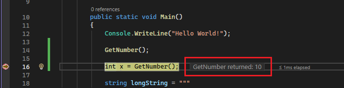 显示返回后值的屏幕截图。