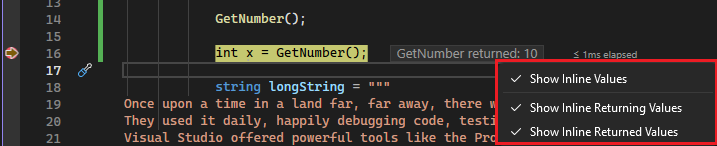 显示用于查看返回值的选项的屏幕截图。