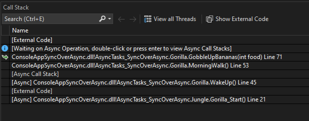 选择“全部中断”后“调用堆栈”的屏幕截图。