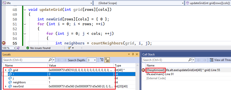 显示调试 updateGrid 函数的屏幕截图。