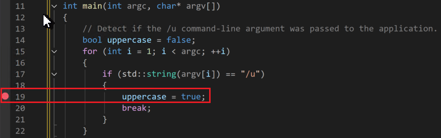 第 18 行上设置的断点的屏幕截图，大写 = true。