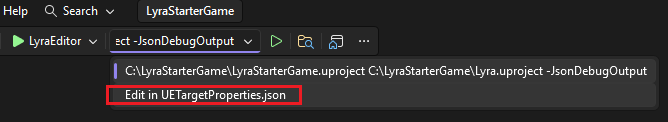 Unreal Engine 项目的命令行参数下拉列表的屏幕截图。它以“UETargetProperties.json”作为选项显示“编辑”。