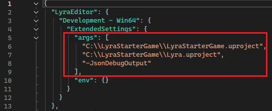 UETargetProperties.json 文件的屏幕截图，其中突出显示了 args 元素