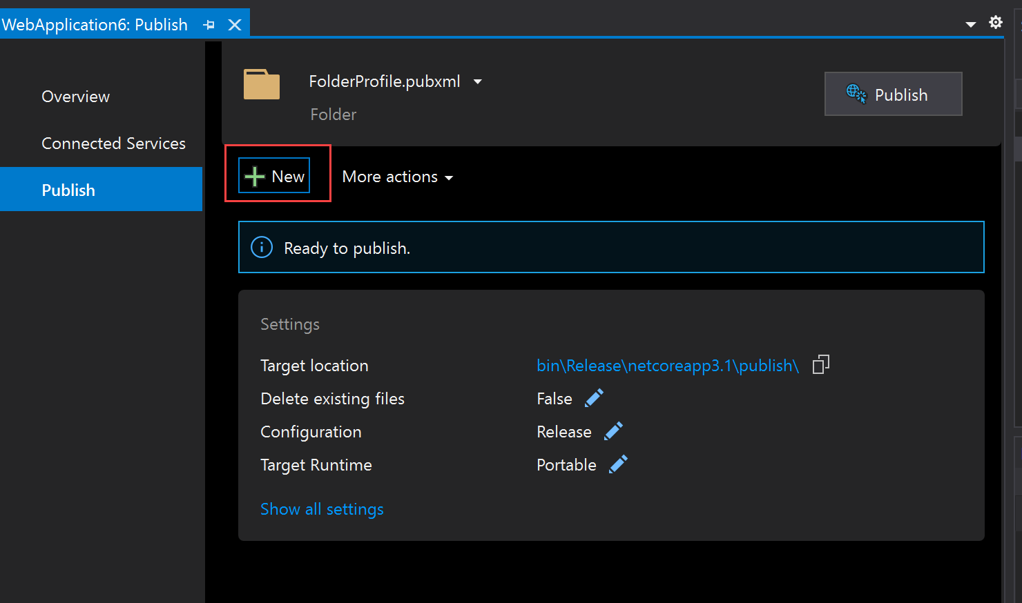 新建发布配置文件的屏幕截图。