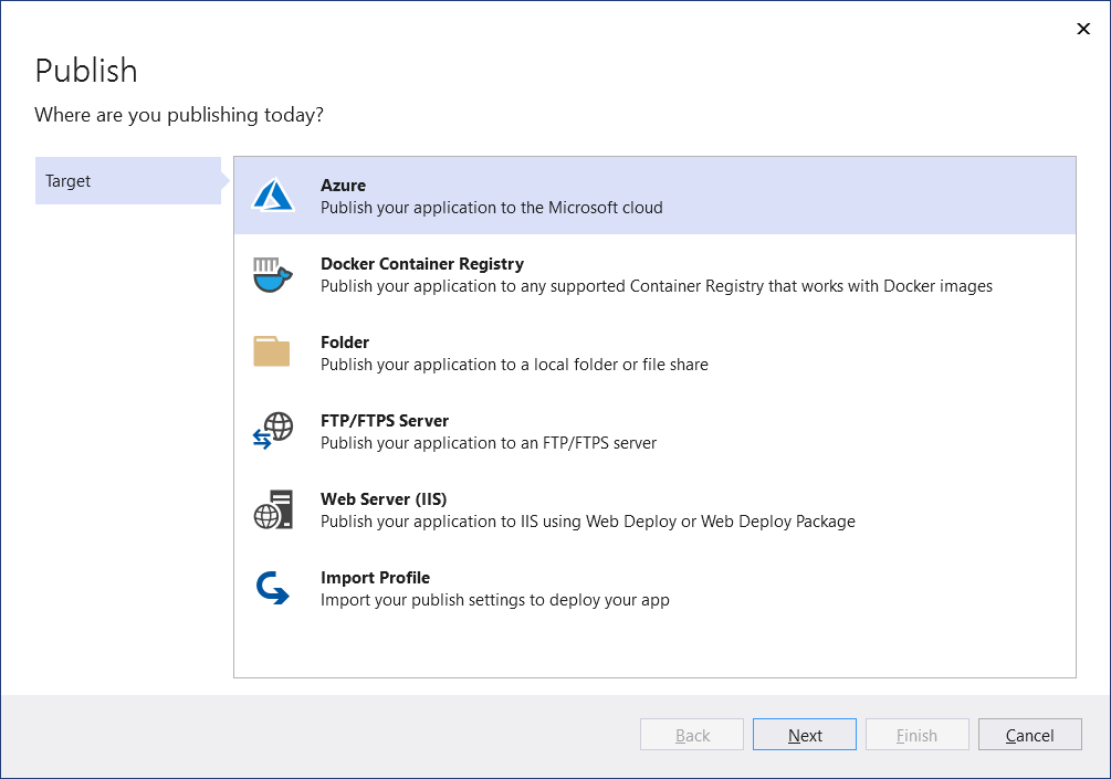 显示“发布”向导的屏幕截图,其中显示了可用的发布目标。