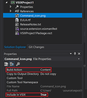显示如何在 V S I X 中包含元数据文件的屏幕截图。
